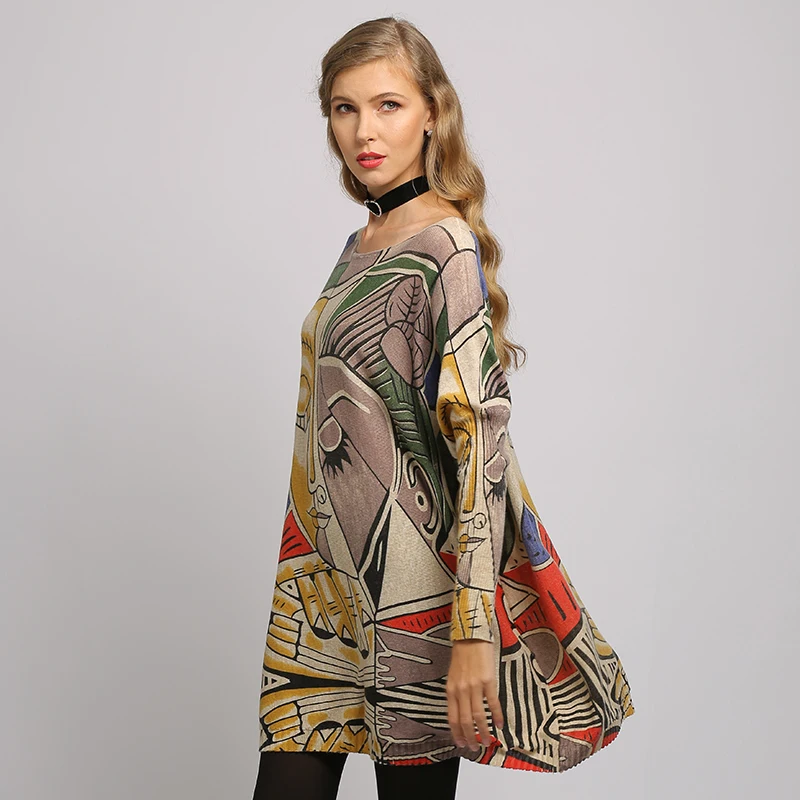 Women Oversized Sweater Printed Long Batwing Sleeve Pullovers and Sweaters Womens O Neck Knitted Casual Clothes | Женская одежда