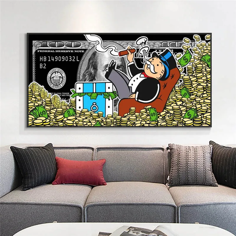 

Street Art Monopoly Lying In A Pile of Money Canvas Paintings on The Wall Dollars Posters and Print for Modern Home Art Cuadros