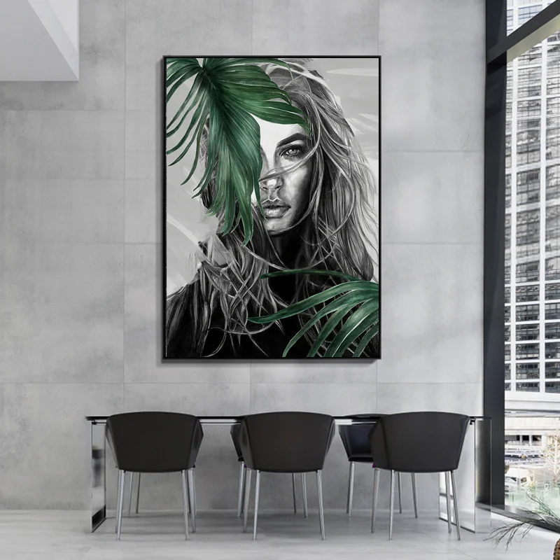 

Nordic Watercolor Canvas Painting Print HD Picture Poster Green Plant Woman Wall Art Living Room Bedroom Bedside Home Decor