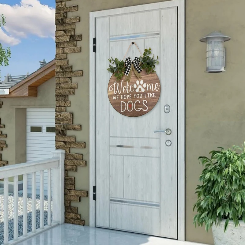Welcome Sign Wreath Front Door Hanger With Bow We Hope You Like Dogs Round Outdoor Vertical Hanging Decor | Дом и сад