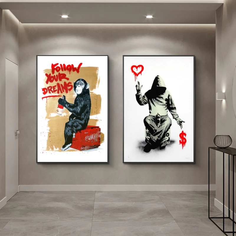 

Banksy Art Follow Your Dreams Canvas Posters Abstract Monkey Oil Paintings on Canvas Graffiti Art Street Pictures Home Cuadros