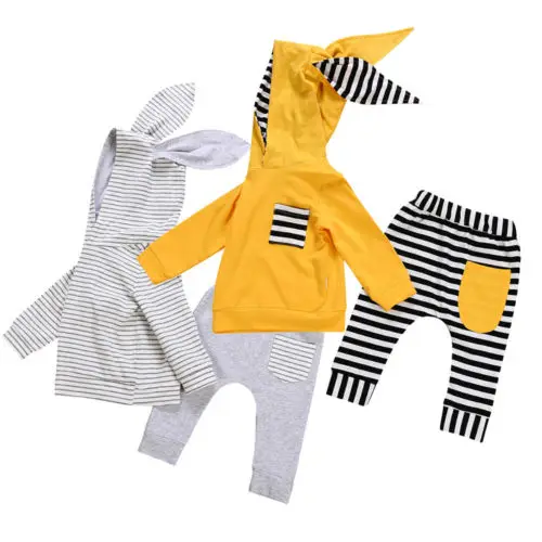 2Pcs Newborn Infant Kid Toddler Baby Boys Girls Clothes Bunny Hooded Cotton Popular Tops +Pants Outfits Set 0-24M |