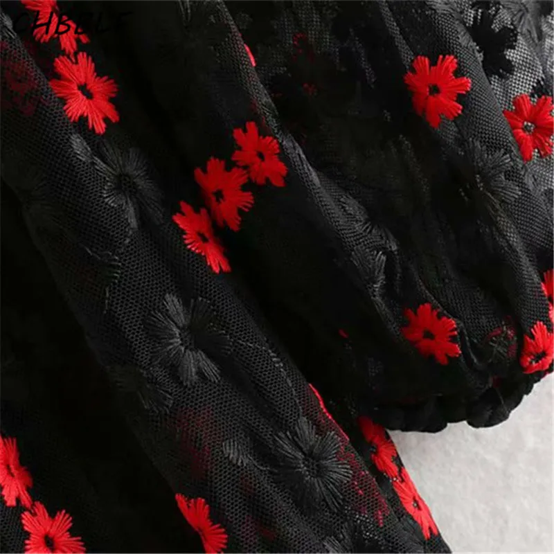 Женский стильный комплект из двух предметов, платье-миди с вышивкой, O-образный вырез, длинные рукава, повседневное черное шикарное платье, модель CDC9390.