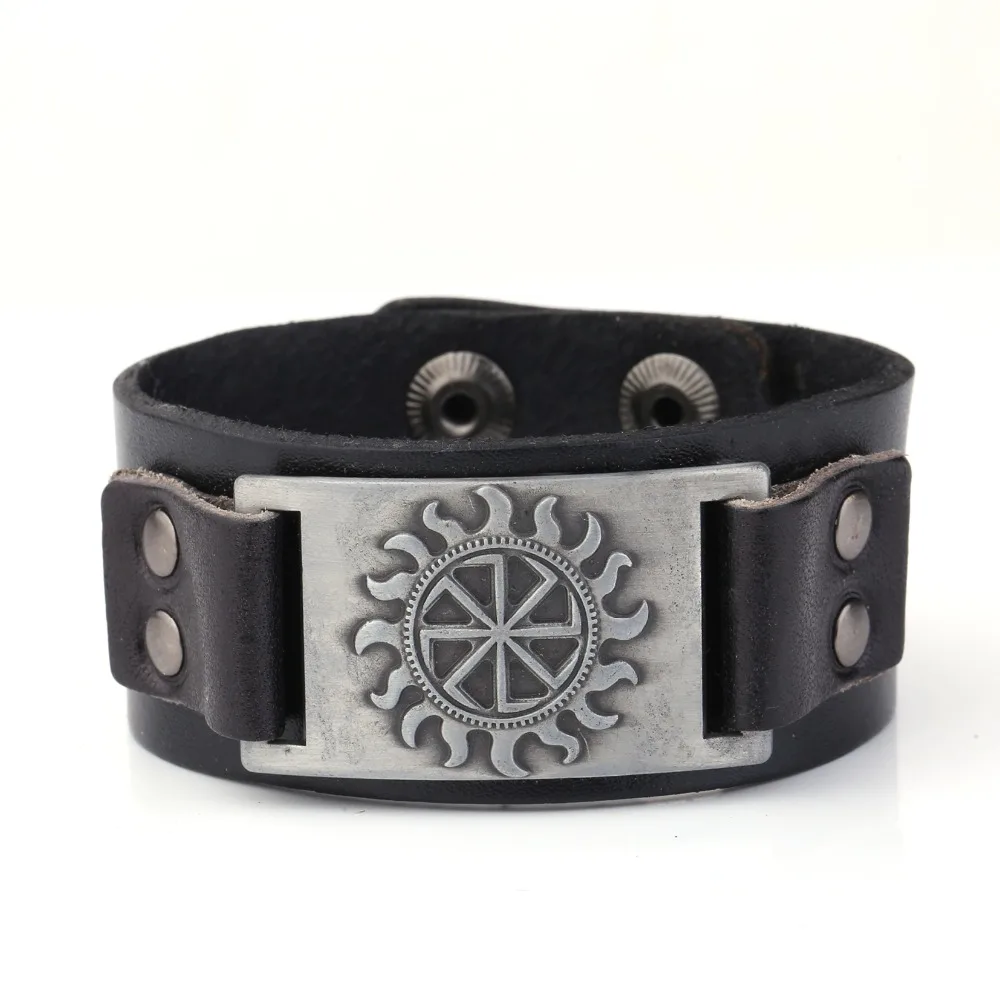 Новейший в стиле панк амулет Коловрат Защита от солнца круглый ручной работы кожаная пряжка широкий черный браслет мужской женский подарок