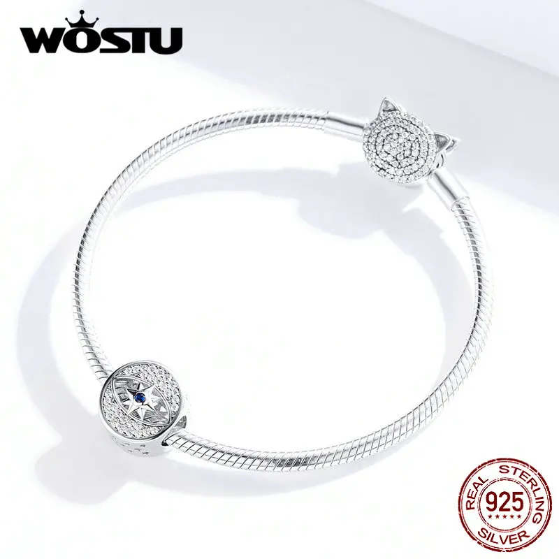 WOSTU, 925 пробы, серебряные круглые бусины дьявол глаз, голубой циркон, шарм, подходит для оригинального браслета, подвеска, серебро 925, ювелирные изделия BKC1368