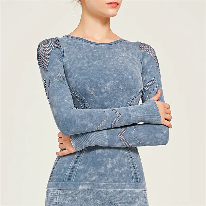 

2021 Seamless Print Yoga Women Washable Sports Casual Long-sleeved Top Hollow Tight Workout Clothes Tracksuit Running Top
