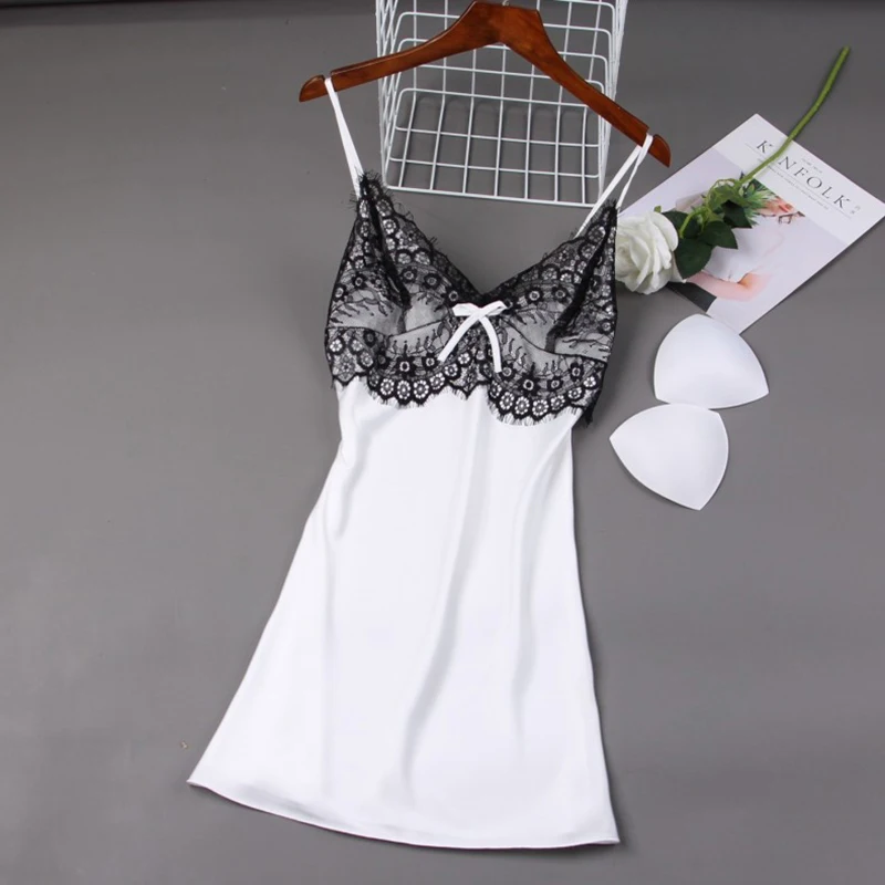 

White Women Sexy V-Neck Backless Nightgown Sleepshirt Cute Bow Trim Nightdress Lace Black Home Wear Summer Casual Sleepwear