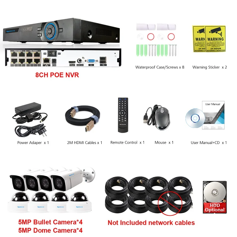 8 Camera No Cables Toprohomie H.265+ 8CH POE IP CCTV Системы 48V 5MP безопасности камера Аудио запись POE IP Камера ночного видения Камеры скрытого видеонаблюдения - Цвет: 8 Camera No Cables