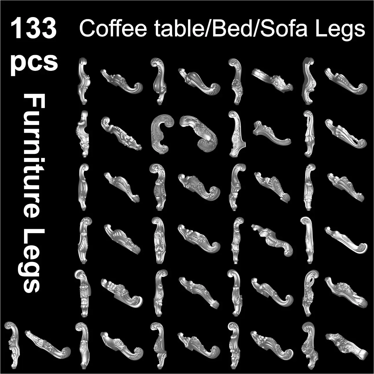 133pcs Furniture Legs 3d STL Model Relief for CNC Router Aspire Artcam Sofa/Coffee table/bed legs