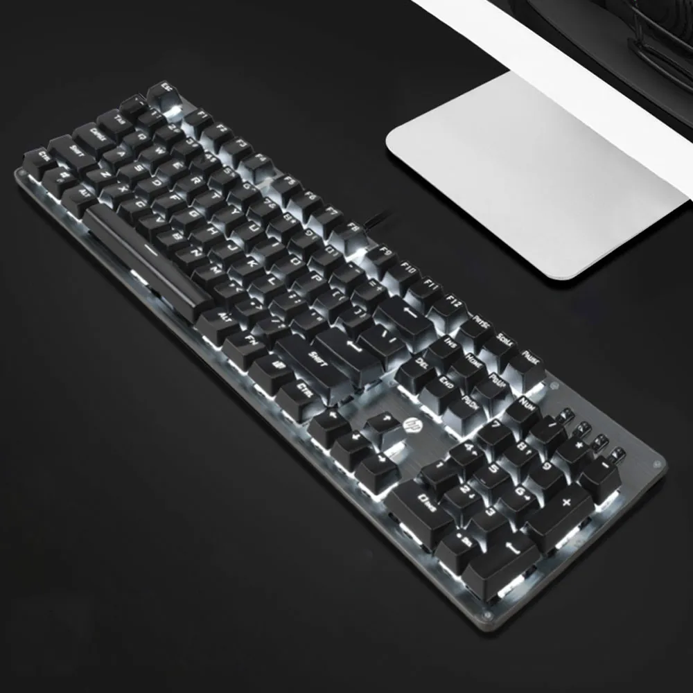 White Light Hp GK100 Механическая игровая клавиатура с подсветкой, синий, красный переключатель, 104 клавиш, металлический цветной светодиодный компьютер с подсветкой, Проводная клавиатура для геймера - Цвет: White Light