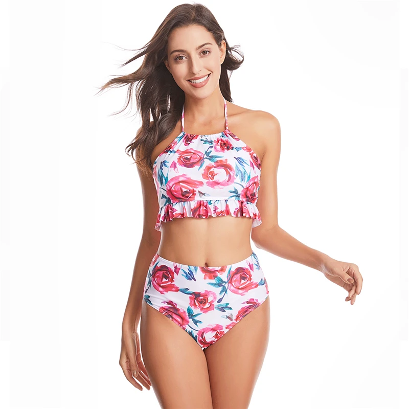 Бикини с высокой талией женский купальник цветочным принтом и черепом пуш-ап