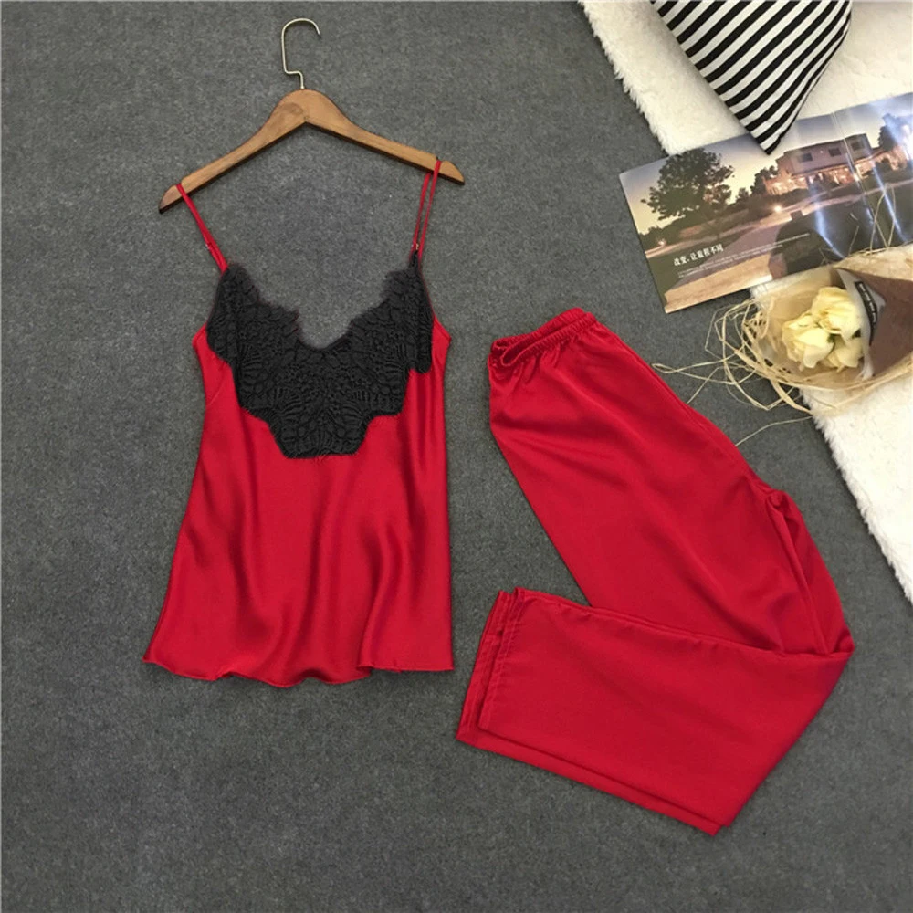 Лидер продаж Женские пижамы 2 шт. атласное кружевное ночная одежда пижама Babydoll