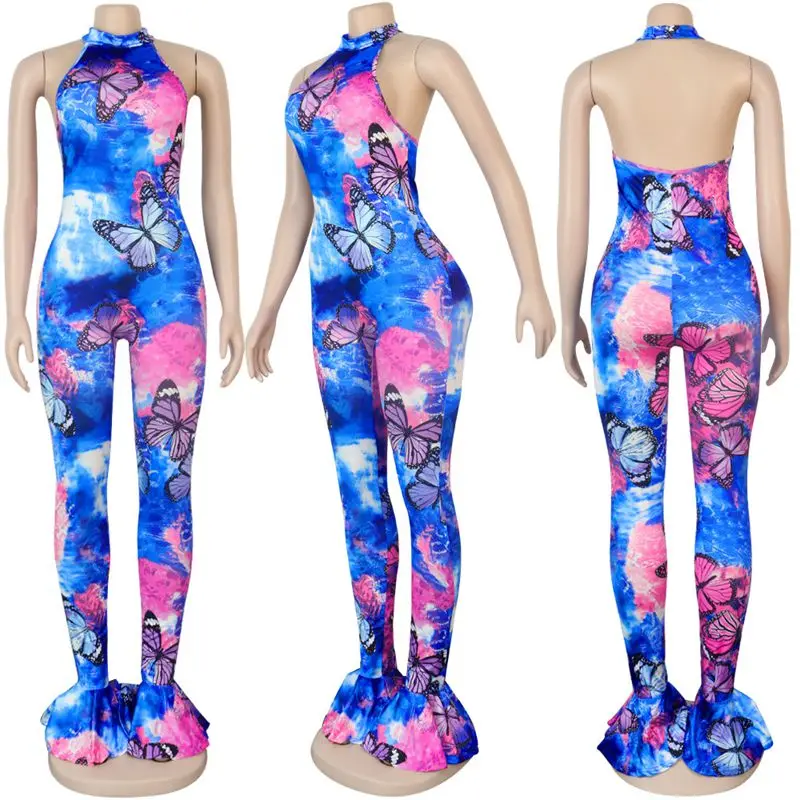 

ZKYZWX Tie Dye Print Women Bodycon Jumpsuits Sling Backless Sleeveless Bell Bottom Rompers Sexy Party Club One Piece Outfits