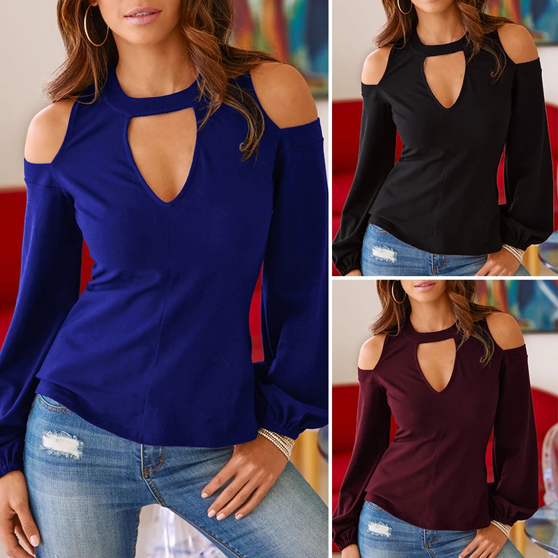 

Women T Shirt V Neck Long Sleeve 2020 Fashion Solid Sexy Elegant Hollow Out Ladies Ladies Pullover Cotton Off Shoulder