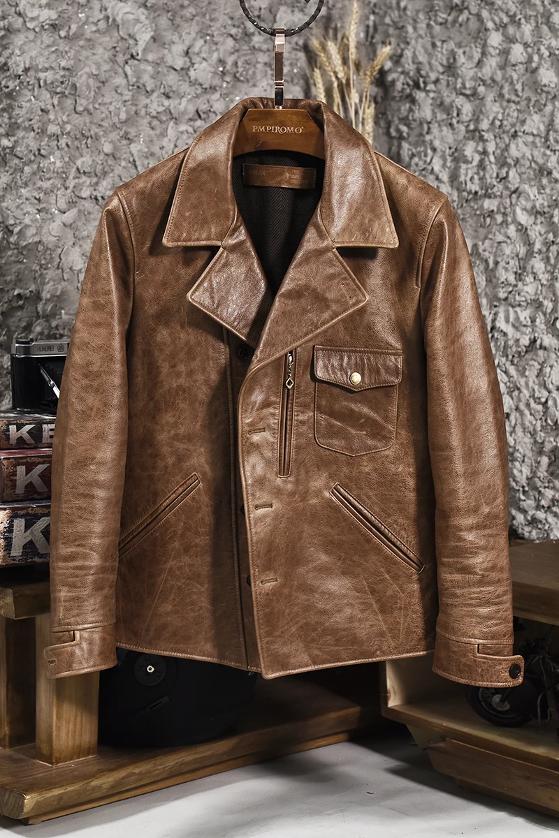 

vintage 2021 men's oil wax cow leather jacket lapel short motorcycle jacket single breasted brown biker leather coat for male