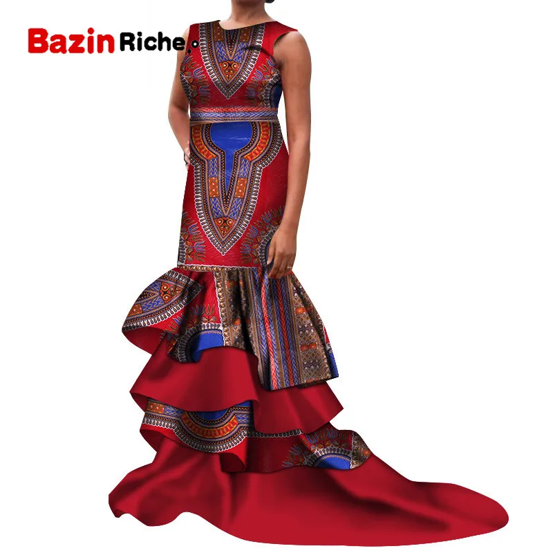 Bazin Riche African Women Clothing Sexy Patchwork Sleeveless Long Mermaid Dresses Party Vestidos African Print Dresses WY4918