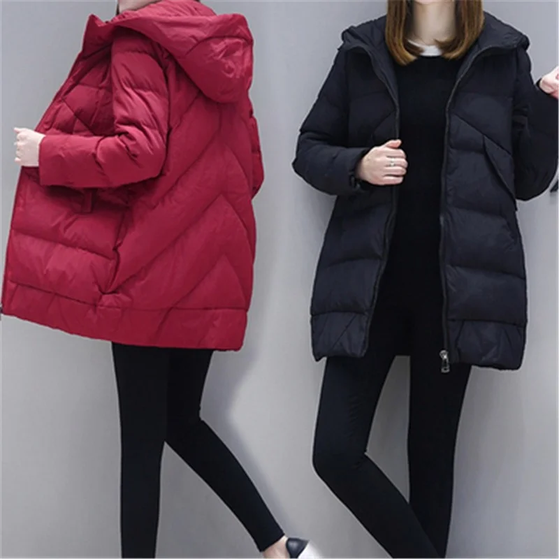 Fashion Long Parkas Winter Down Cotton Jacket Coat Lady Solid Overcoat Women Leisure Style Jackets with Pocket Hooded Warm Coats