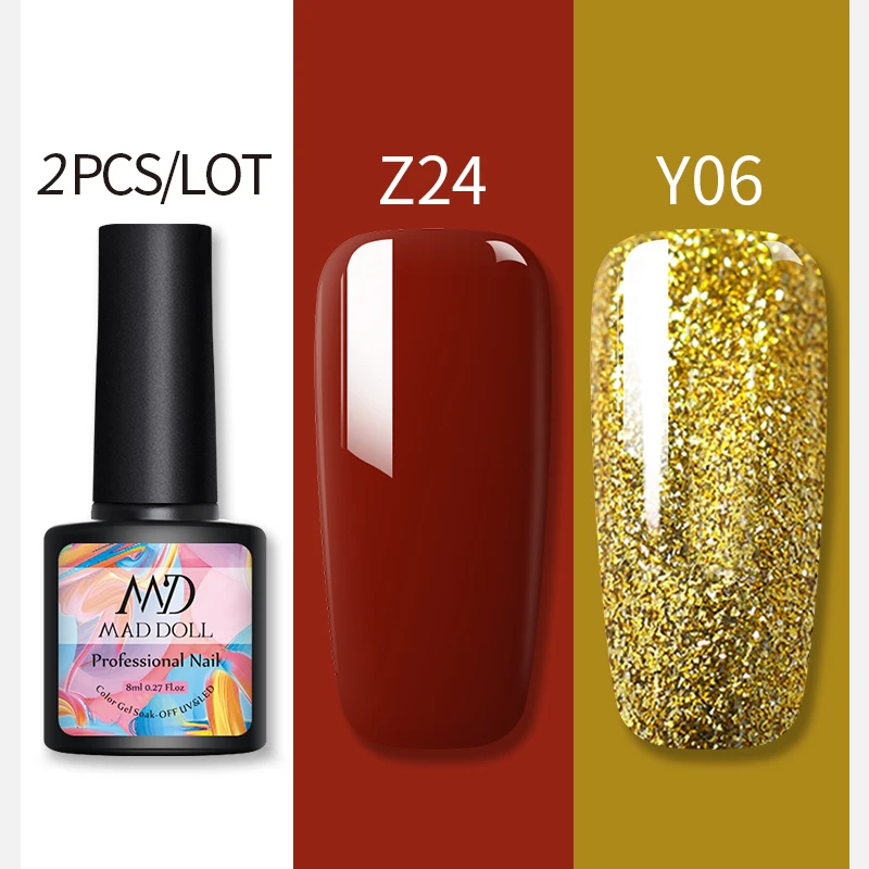 Z24Y06 2 бутылки 8 мл MAD DOLL УФ-гель для ногтей чистый цвет и Блестящие Блестки долговечный впитывающий Гель-лак для нейл-арта - Цвет: Z24Y06