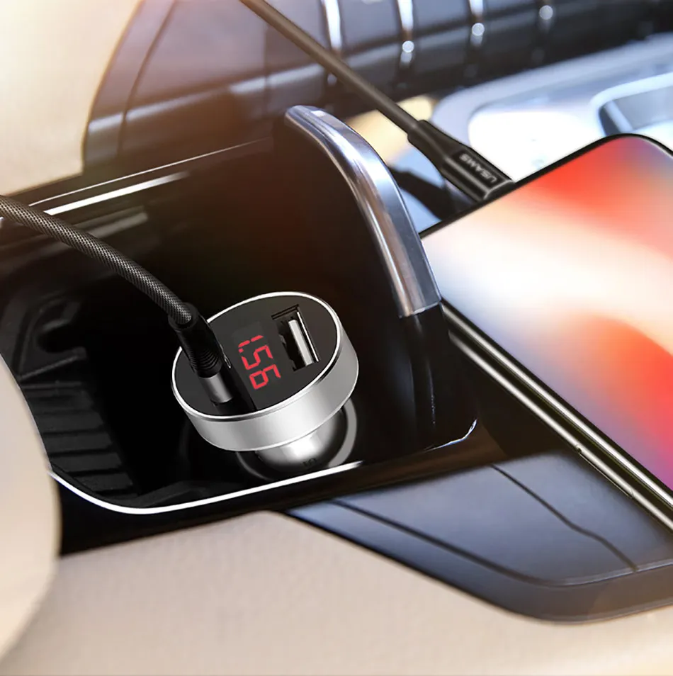Автомобильное зарядное устройство USAM двойное автомобильное usb-устройство для зарядки телефона светодиодный дисплей USB зарядное устройство для samsung Xiaomi huawei универсальное USB зарядное устройство для телефона планшета
