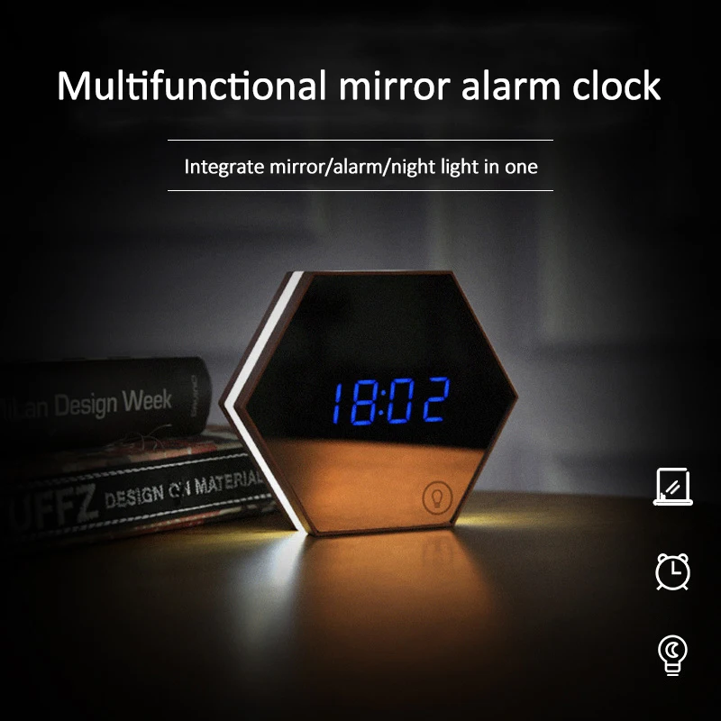 

LED Mirror Alarm Clock Digital Table Clock Desk Clock Temperature Calendar Display 2021 Creative Color