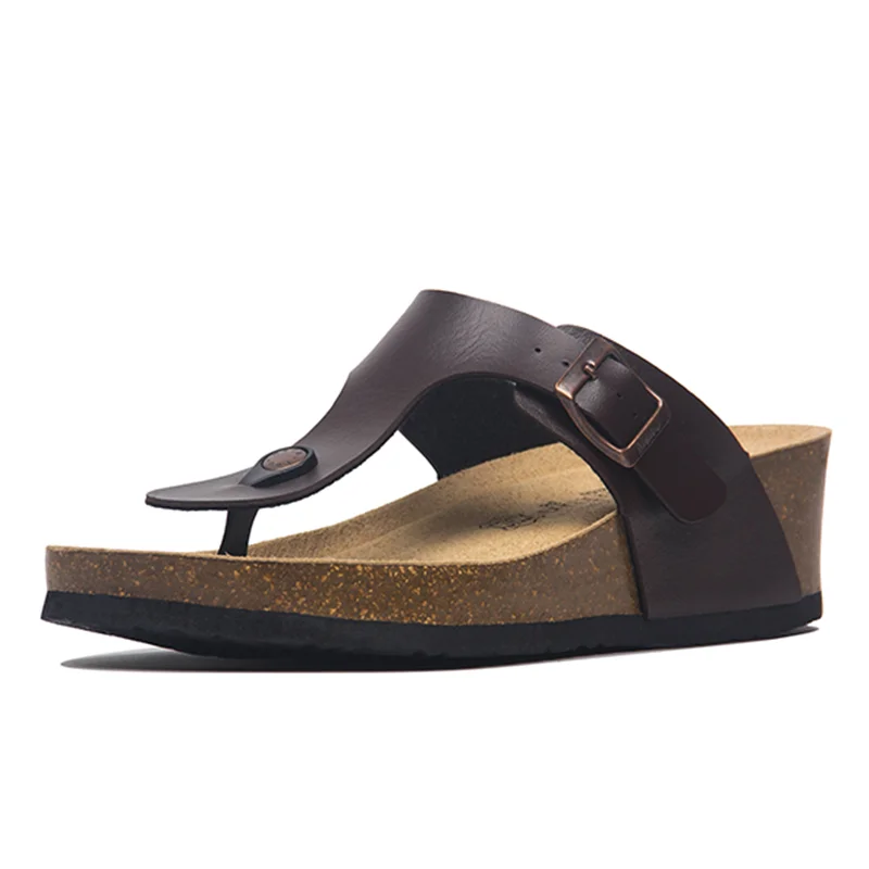 

High Quality Leather Print 5cm Wedges Mid Heel Cork Slipper 2022 Summer New Women Beach Slides Platform Buckle Clogs Flip Flops