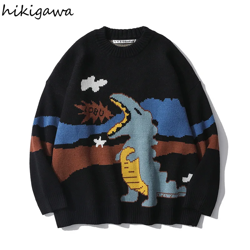 

Hikigawa мультфильм Динозавр жаккардовый свитер Harajuku уличная одежда BF вязаный пуловер оверсайз Топы Женский корейский джемпер 2021