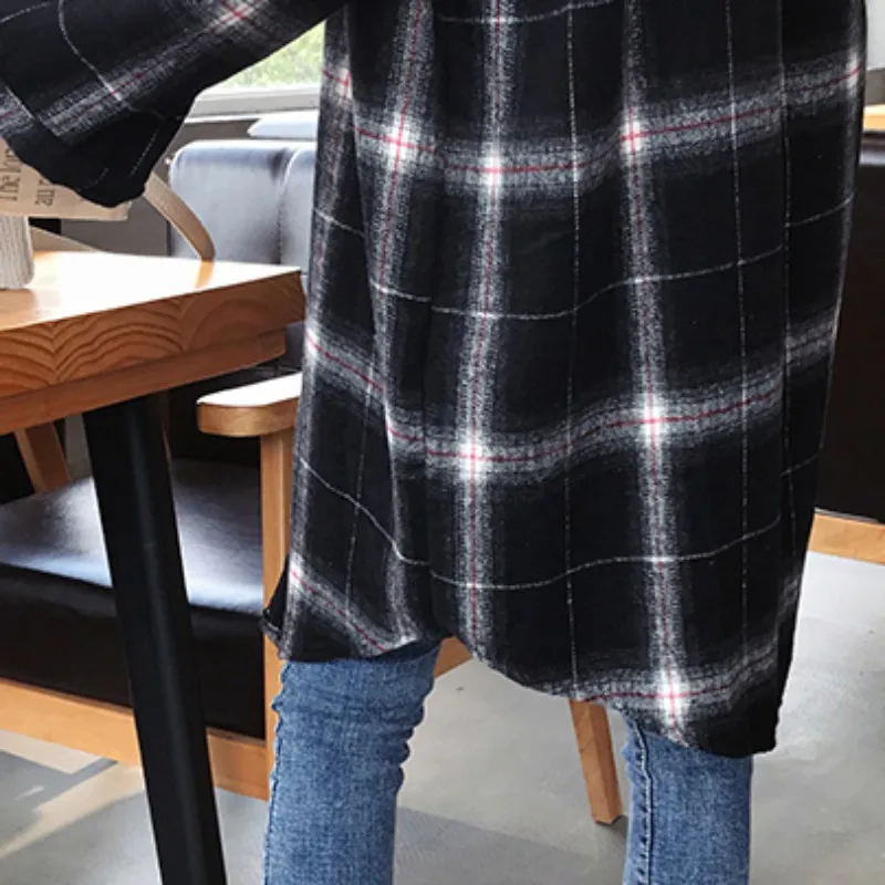 

Plus Size Shirts Women Plaid Shirt Tops Female Autumn Long Sleeve Mid-Long Shirts Turn-down Collar Tops M-3XL