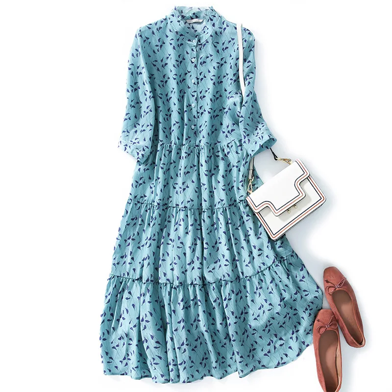 

Birdsky, Summer 1pc 100% mulberry silk Women office lady cake dress stand collar high waist animal birds print A shape. SQ-02