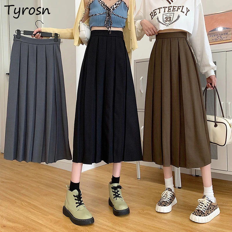 

Women Skirts Pleated Draped Cozy Solid Japan Style Harajuku Mid-calf Simple Preppy High Waist All-match Mujer Schoolgirls Retro