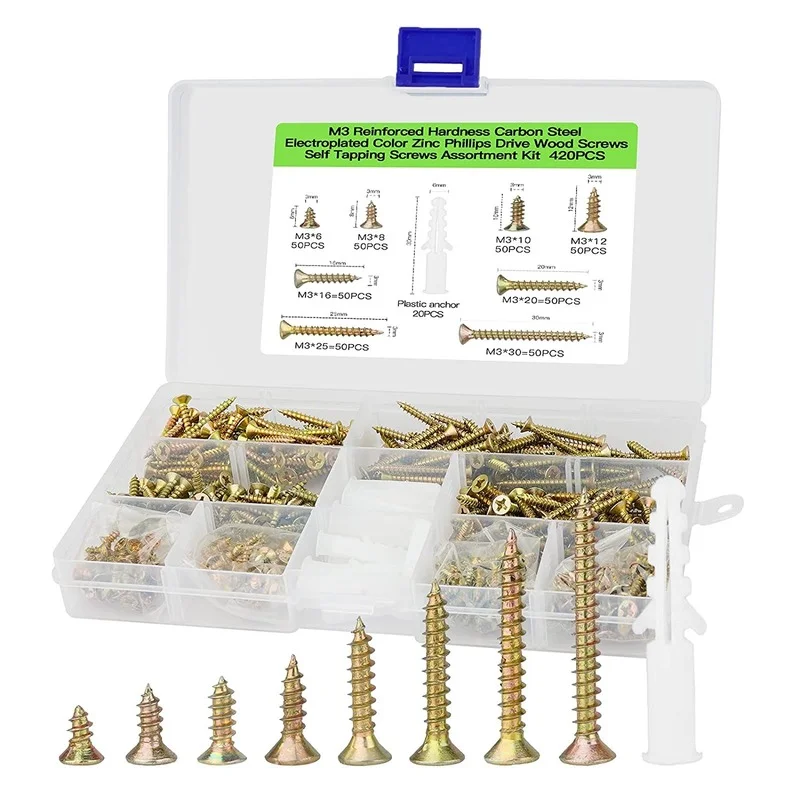 

420pcs Golden Cross Flat Head Tapping Screw 9 Specifications Screw Yellow and White Expansion Rubber Plug M3 Screw Fastener Kit