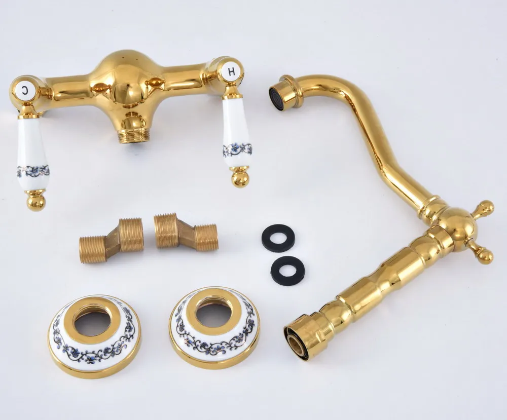 Поворотный Смеситель для ванной комнаты 360 настенный латунный раковины золотого