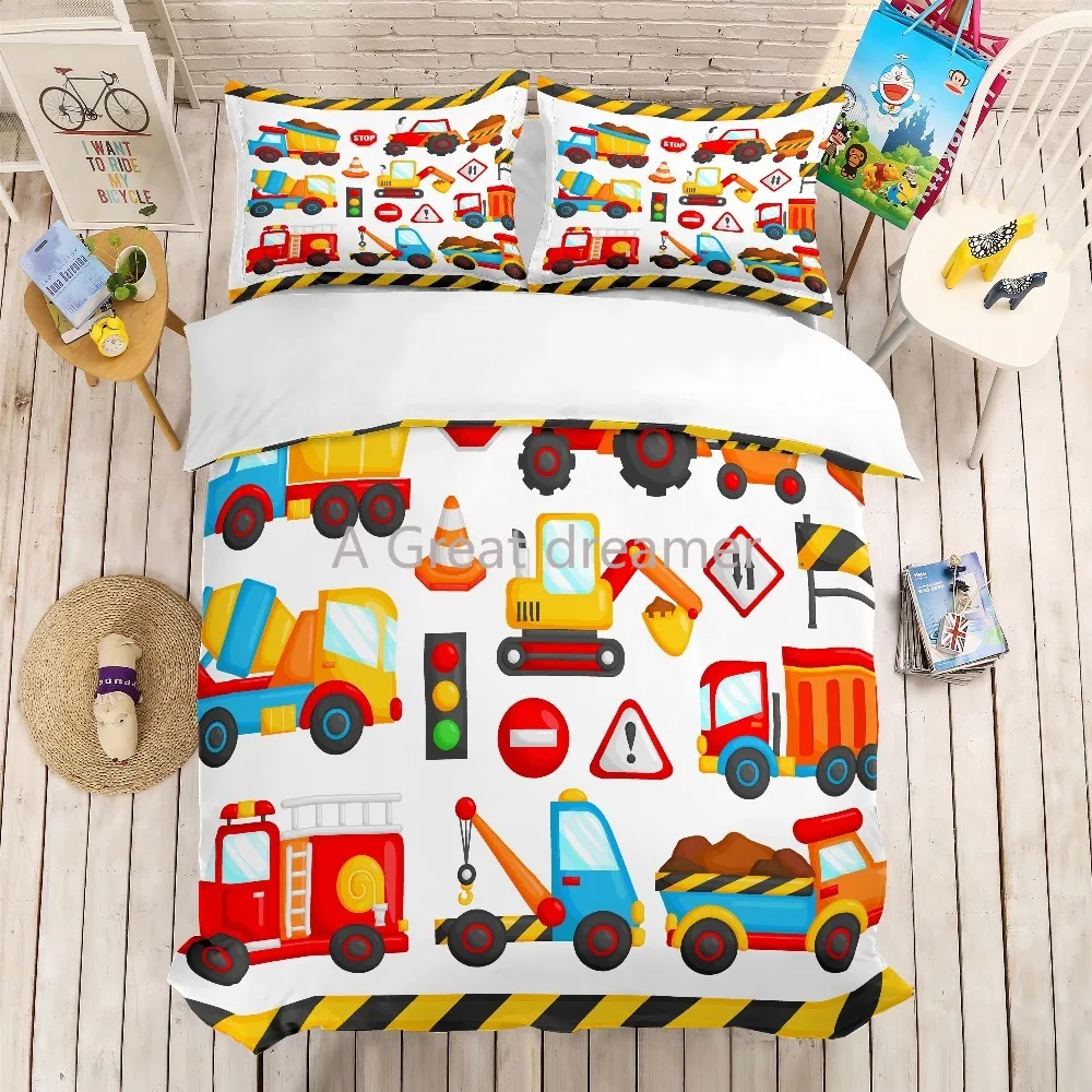 

Cute 3D Print Bedding Set Construction Vehicle Kids Gift Duvet Cover Set Cartoon Home Textiles Soft Bed Set Bed Set Queen Size