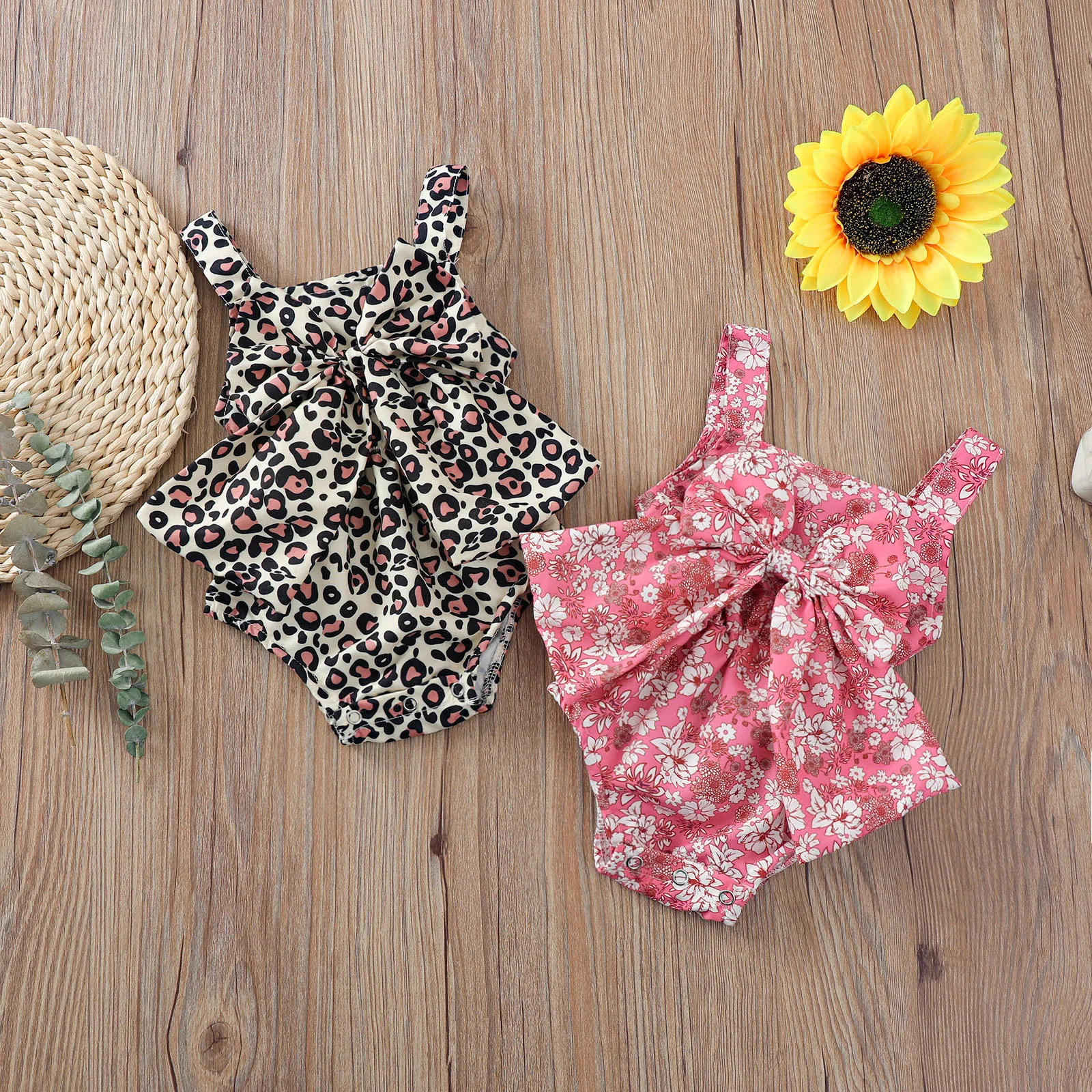 

Baby Romper, Girls Flower Print Square Neck Sleeveless Bodysuit Playsuit with Big Bowknot for Summer