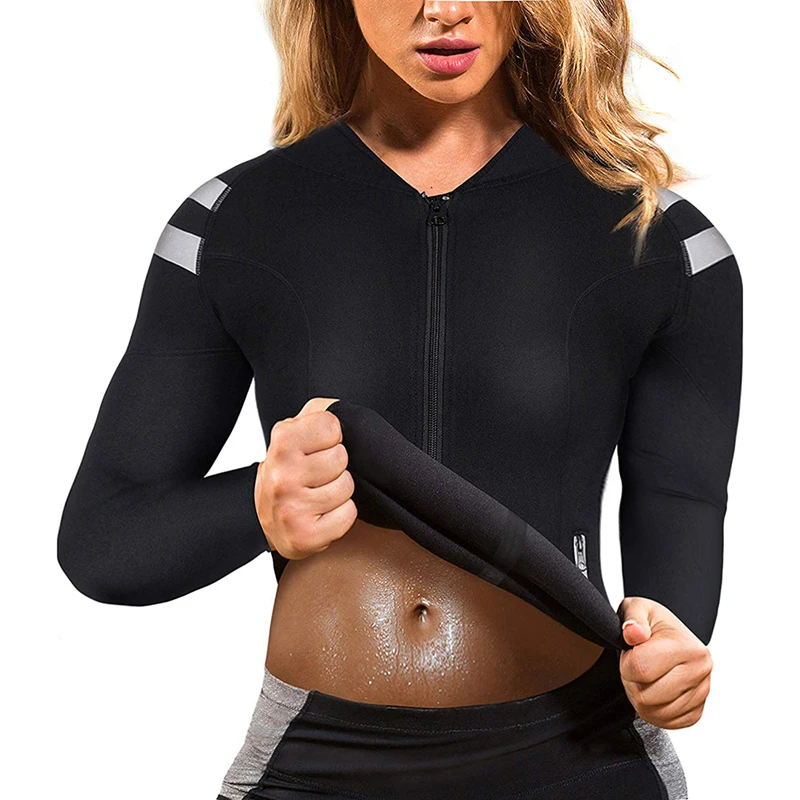 Black 2 Sfit женский NeopreneSauna жилет с рукавами спортивный костюм для похудения длинный рукав формирователь тела жиросжигатель топ размера плюс - Цвет: Black 2