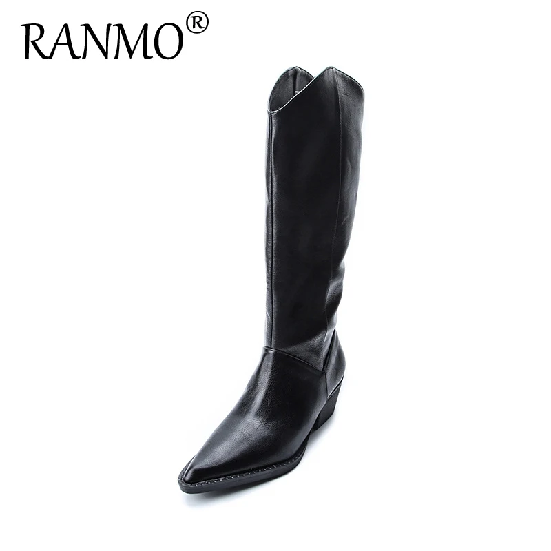 

2020 ZA New Trafa Trendy Western Black Knee High Pointed Toe Wedges Boots Women's Boots Cowboy Rider Boots