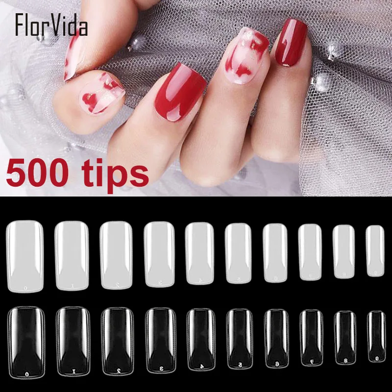 FlorVida 600 шт набор роспись ногтей ногти Короткие квадратные накладные ногти Советы прозрачный натуральный белый акрил для дизайна маникюра