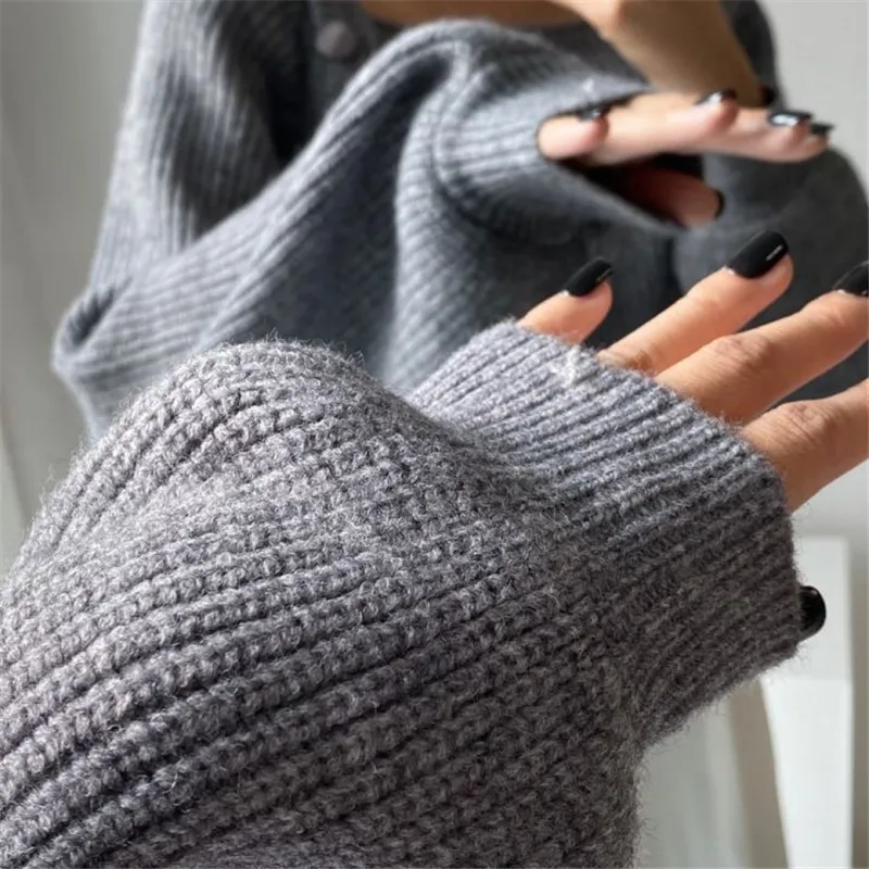 

Chic Patchwork Termperament Sweater for Ladies Elegant Fashion Square Collar Button Delicate Minimalist Vintage Pullovers 2020