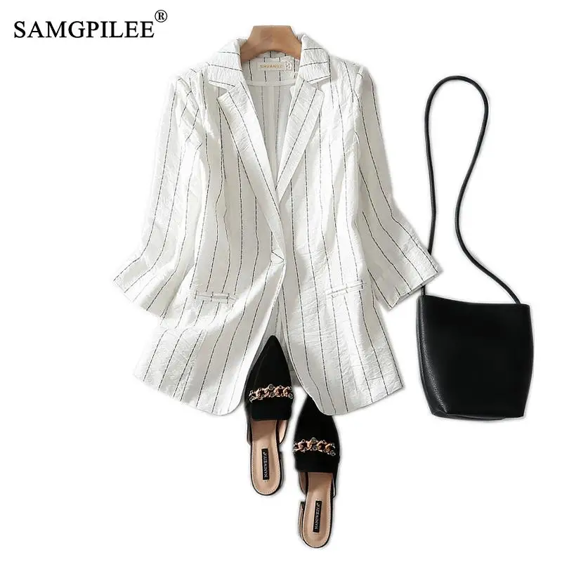 

Женский блейзер с карманами, повседневный пиджак большого размера 3XL в полоску, с рукавом три четверти, на одной пуговице, с разрезом, 2021