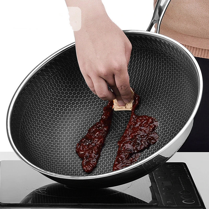 Stainless Steel Wok Household Chinese Style Compound Multi-layer Bottom Less Oil Smoke Non-stick Pan No Coating Easy To Clean