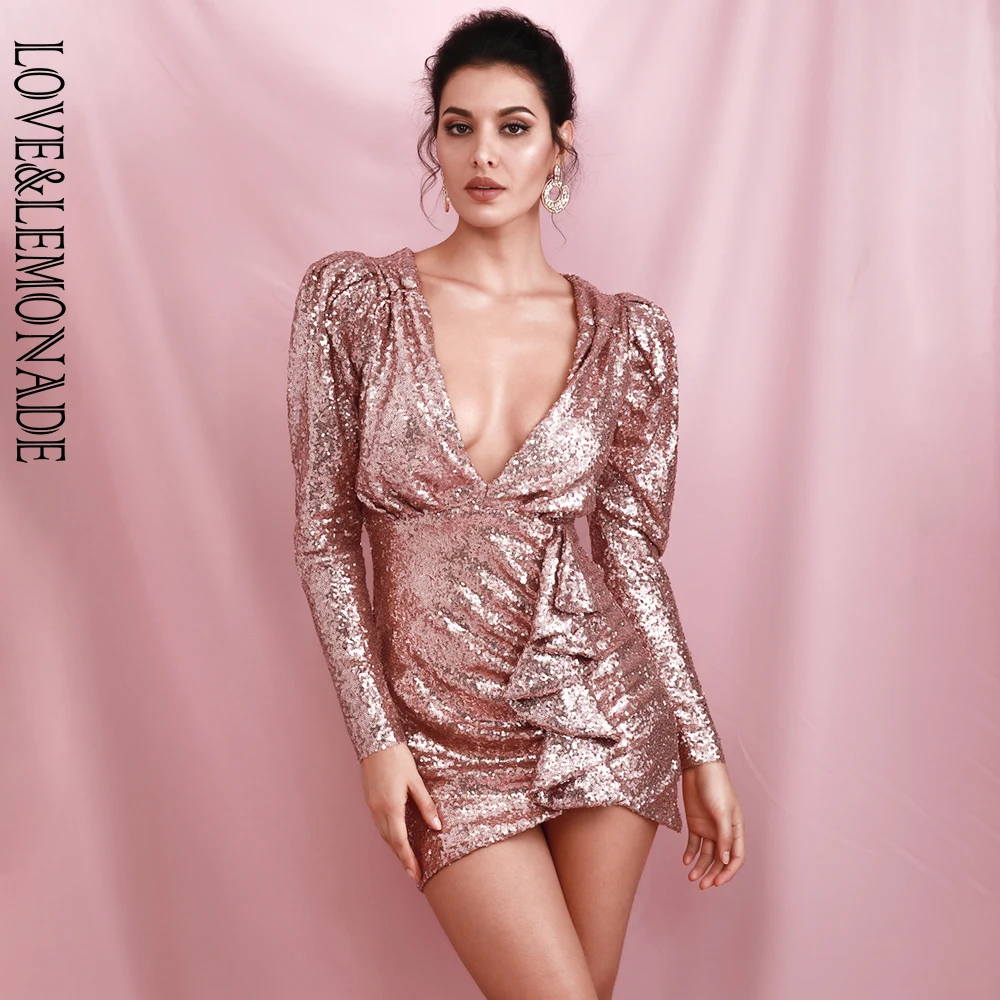 Женское вечернее мини-платье LOVE &amp LEMONADE розовое золото платье с глубоким