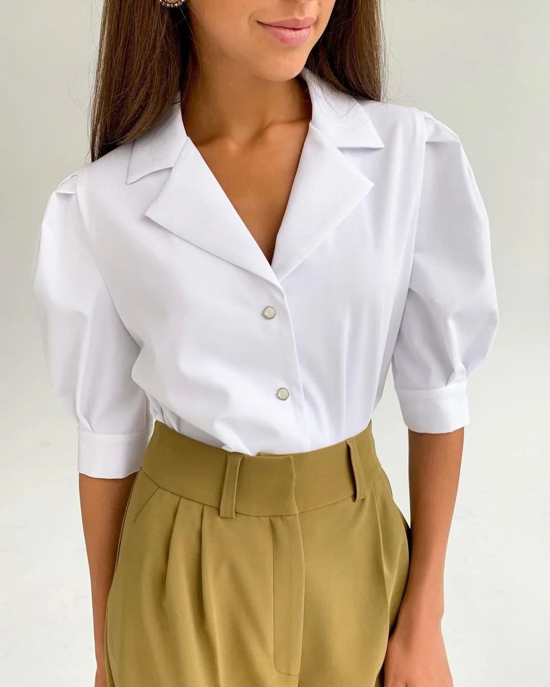 

Office Lady Casual Blouse Puff Sleeve Turn Down Collar 2021 Solid Color Female Shirts 2021 Summer