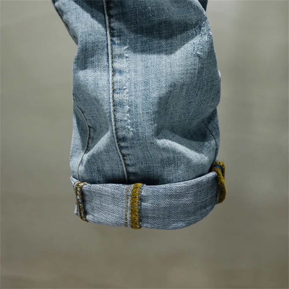 EH · MD® Triple Stitching Jeans Men's Large Leather Label Soft Casual Cotton Loose Scratch Trousers Holes Red Ears 2022 High-end