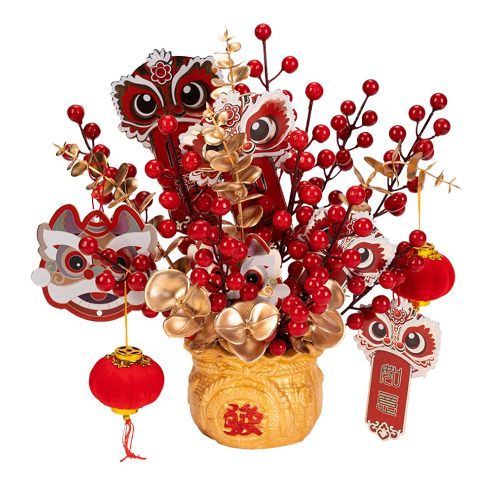 

1 set Spring Festival Fake Flower Bonsai Chinese New Year Holly Fake Flower Bonsai Table Ornament Home Decoration Dropshipping