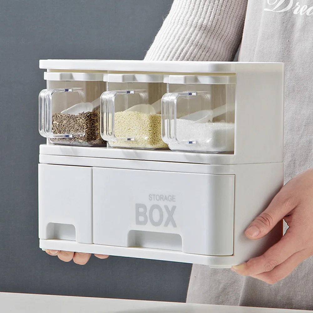 

Plastic Seasoning Storage Box Set Kitchen Organizer Rangement Cuisine Stackable Condiment Storage Container With Drawer