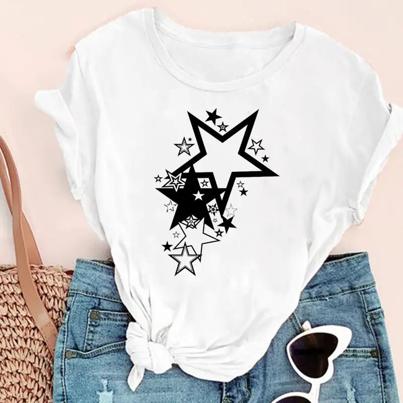 

Women Geometric Star New Cute Trend Love Fashion Print Graphic Summer Short Sleeve Female Clothes Tops Tees Tshirt T-Shirt
