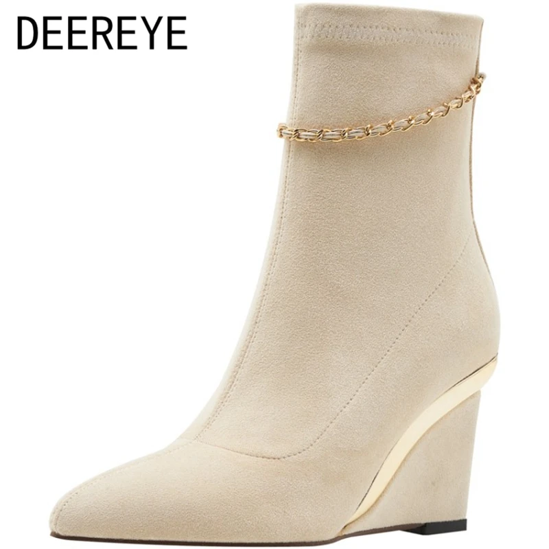 

Women Elegant Suede Increase Wedge High Heel Elastic Mid-Calf Sock Booties Gold Chains Decoration Zipper Dress Party Shoes 2021