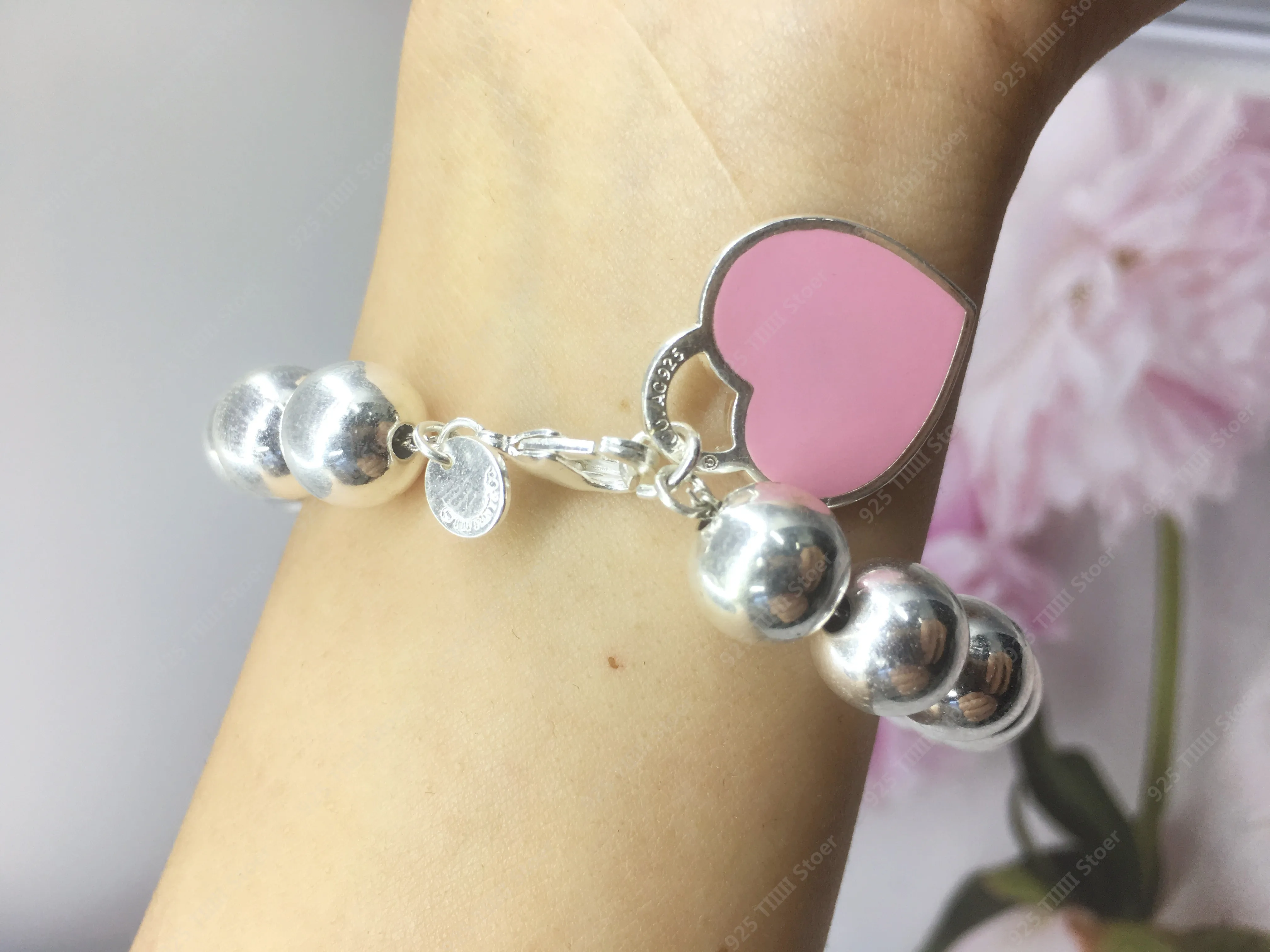 

Ms S925 pure silver heart-shaped bracelet bangles, 8 mm round bead classic style, high quality, original 1:1