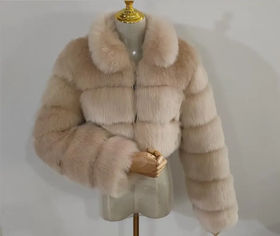 

Genuine PU Whole Leather Coats Fake Fox Fur Jackets With Collar Women Shorts Winter Warm Thick Fur Coat Female Fashion