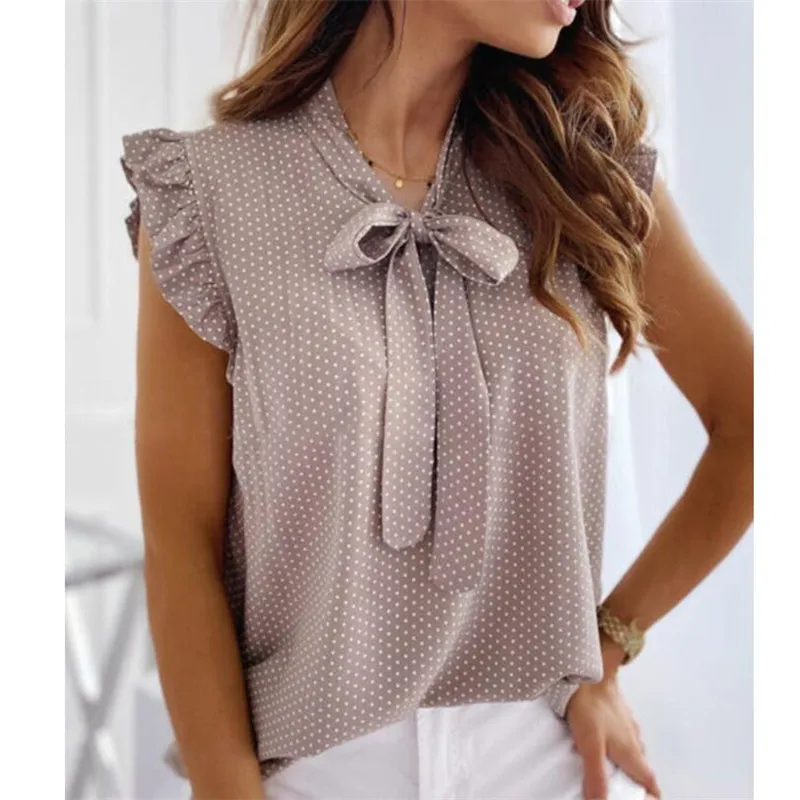 

Women Polka Dot Print Shirt Sexy Ruffles Loose Fit Sleeveless Bowknot Deep V-neck Bandage Tops Shirt Summer Holiday Streetwear