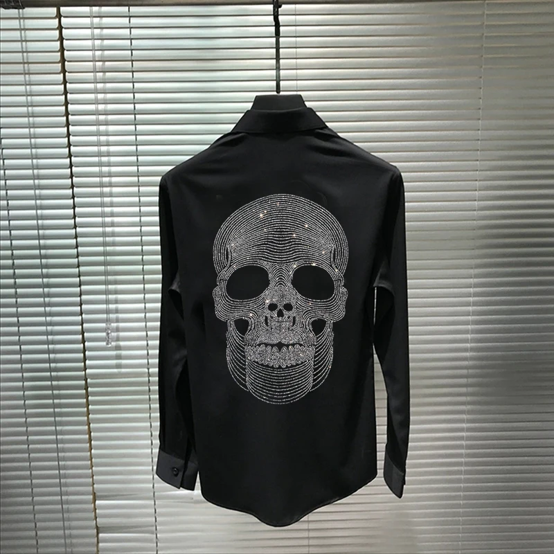 Luxury Hot Diamond Design Skull Men's T-Shirt Button Work Clothes Spring Lapel Business Oversized Long Sleeves